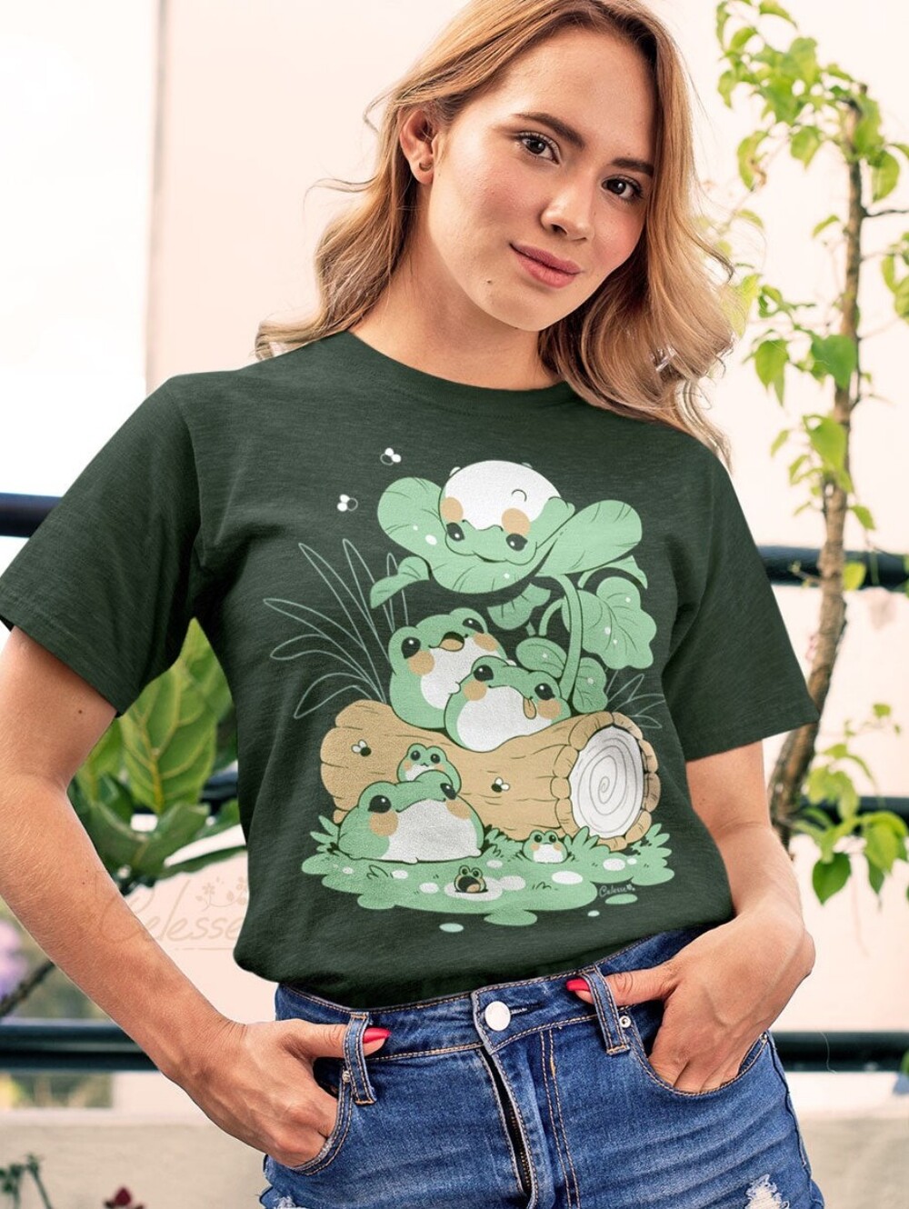 Small Artist Kawaii Cute Frog Print Cotton T-shirt